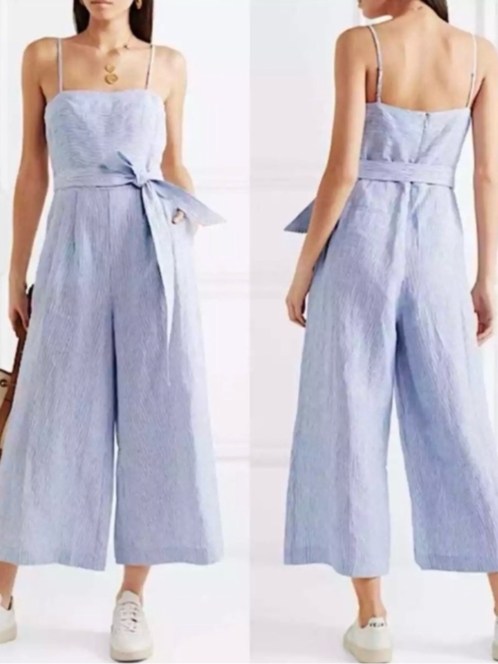 J Crew Linen Blue Striped Wide-Leg Jumpsuit , 4 Tall